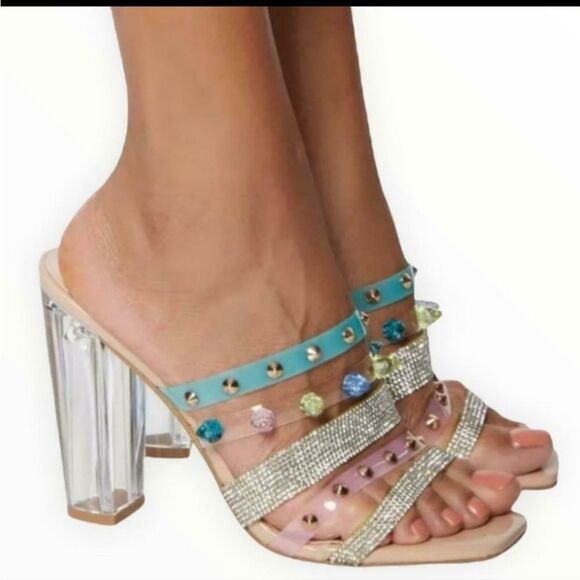 BRAND NEW ROUGE HELUIM HIGH HEEL STUDDED RHINESTONES MULTI-COLOR SANDAL - Picture 1 of 15